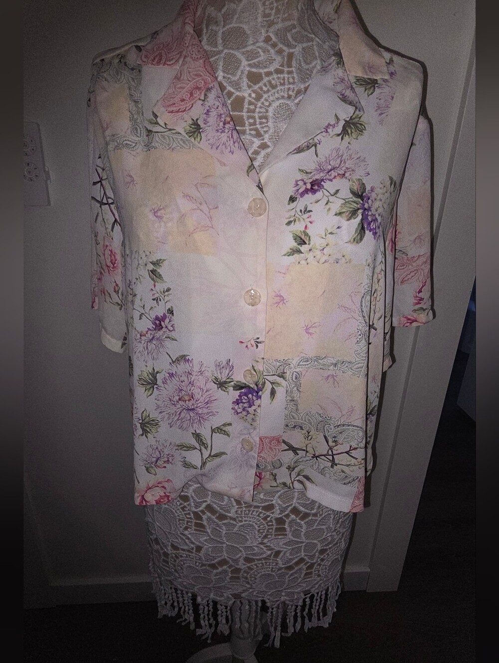 Alex & Lili Floral Patchwork Button-Front Flowy Blouse - M